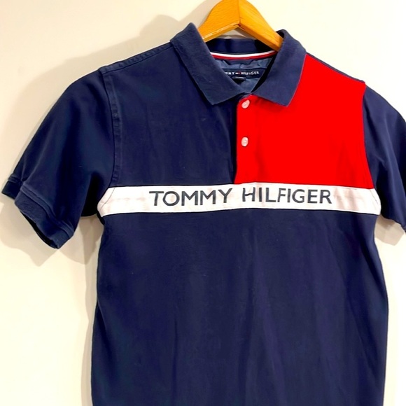 TOMMY HILFIGER Youth Boys Large Short Sleeve Polo Cotton Navy Red - Picture 5 of 6